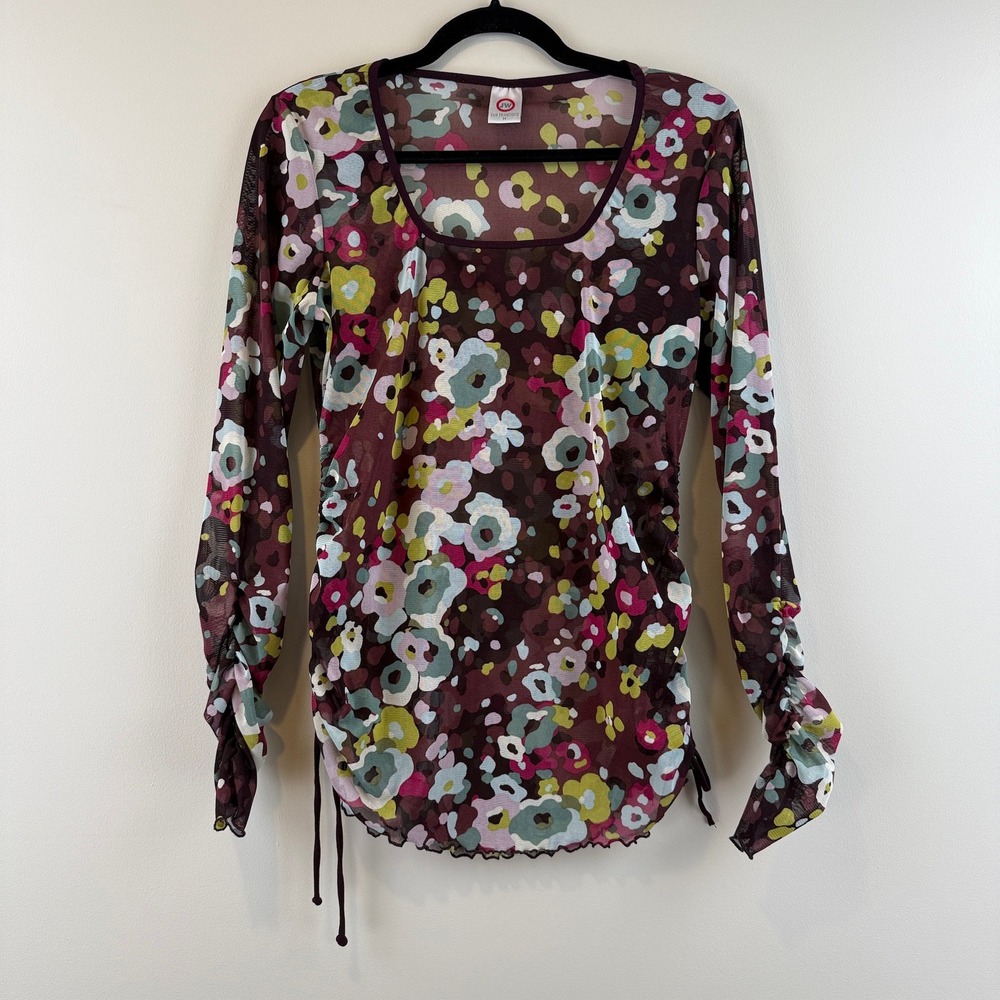 JW San Francisco Top Womens Medium Y2K Whimsigoth Floral Ruched Mesh Mesh Shirt